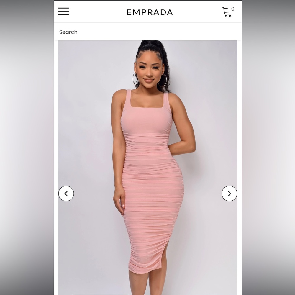 Emprada dress: Nezrin Pink Blush Square Neck Ruched Side Slit Midi Dress. Size M